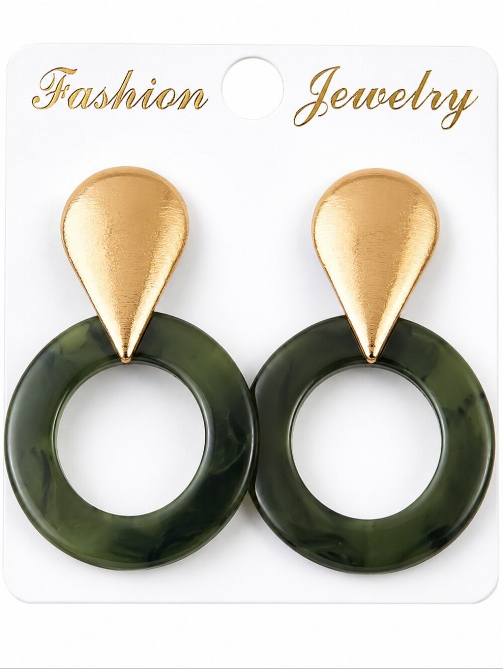 Green Marbled Resin Hoop Drop Earrings Gold Tone Teardrop Stud Statement Dangle